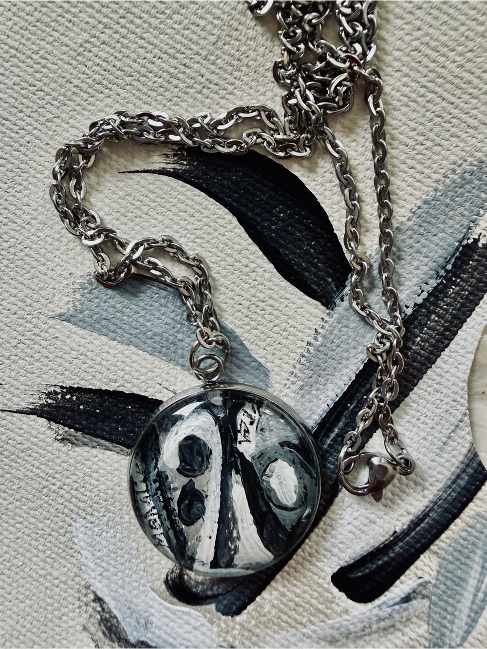 Silver-Tone Black & White Abstract Glass Pendant Necklace
